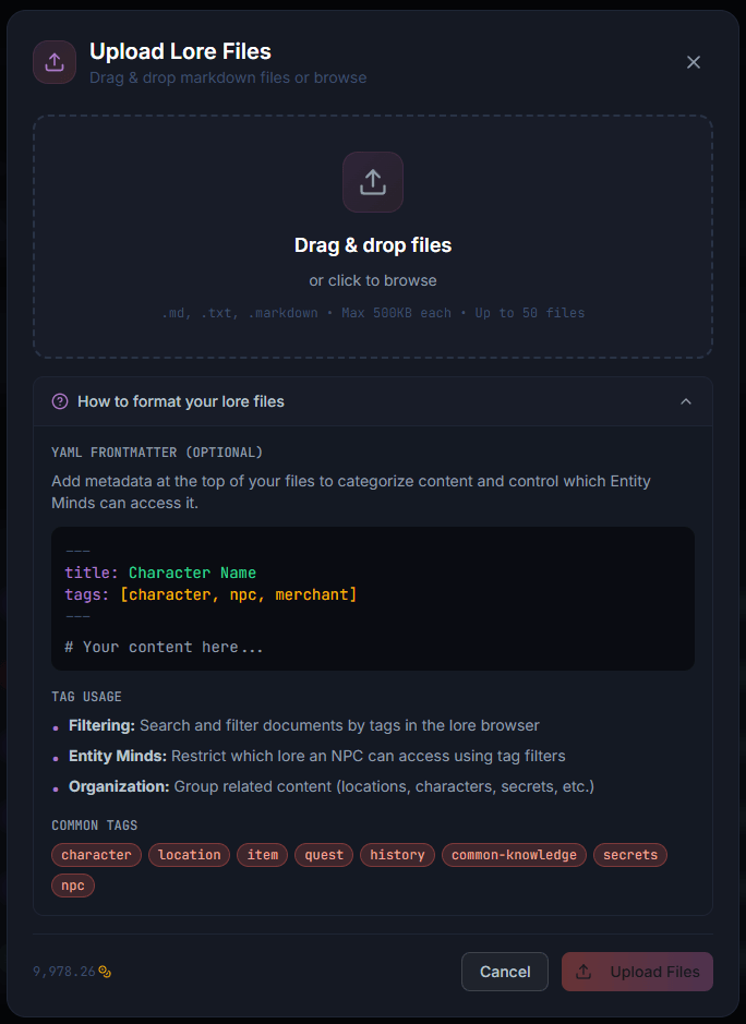 Upload Lore Files dialog